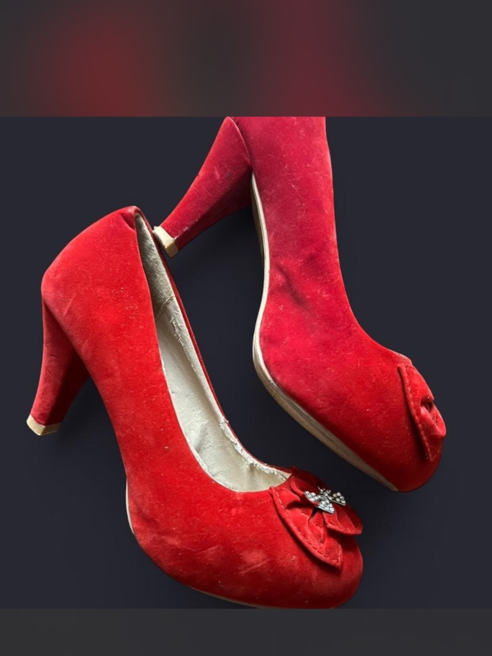 Red Suede High Heels with Floral Bow